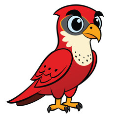 Cartoon red bird with big eyes and yellow beak curiously observes something nearby