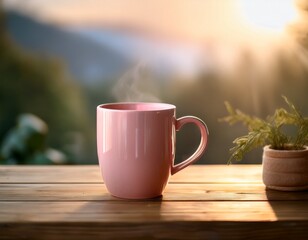 a soft pink coffee mug rests on a wooden table basking in soft morning light promising warmth and comfort
