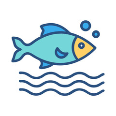 Obraz premium Blue fish with bubbles above ocean waves icon