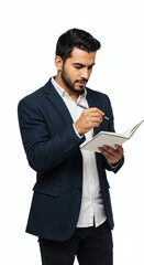 Businessman writing in notepad professional man taking notes in journal corporate worker isolated on white