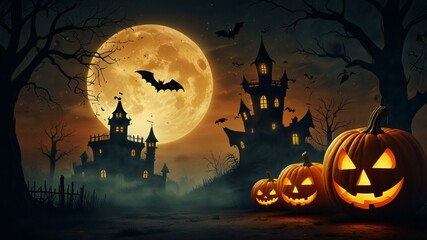 Fototapeta premium A spooky Halloween night vector design features a dark silhouette of a haunted house with a pumpkin under the moon, bats flying near a scary tree, embodying the autumn horror holiday celebration in Oc