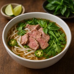 Delicious Bowl of Pho with Tender Beef, Fresh Herbs, and Lime