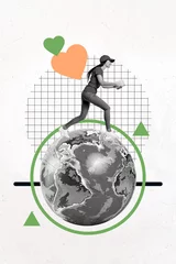 Fotobehang Vertical art 3d creative image collage of happy courier girl run earth planet shipment delivery box service environmental problem © deagreez