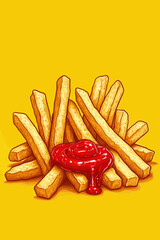 Crispy French Fries with Ketchup on a Bright Yellow Background