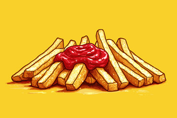 Crispy French Fries with Ketchup on a Bright Yellow Background