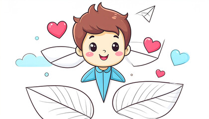 A cheerful cartoon boy's head emerges from large leaves, surrounded by hearts and paper airplanes, suggesting love, affection, and messages of care