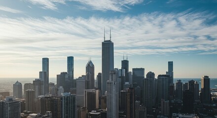 A scenic urban panorama displays a city skyline with impressive skyscrapers under a serene sky view.