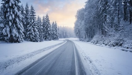 Obraz premium Winter Wonderland Road: A Serene Snowy Drive