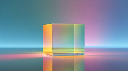 Minimal rainbow wall art behind floating transparent cube, isolated decor with colorful lighting accents