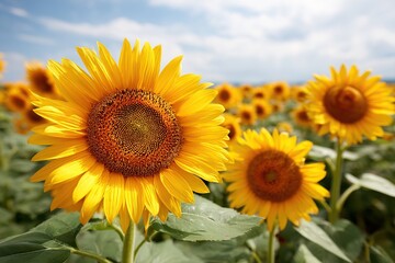 Obraz premium Bright sunflowers blooming and turning towards the sun under a clear blue sky in summer