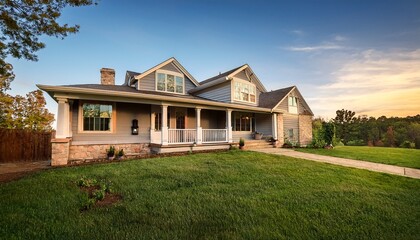 a single story ranch style house with a large front porch and open lawn