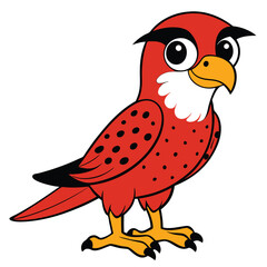Cartoon red bird with big eyes and yellow beak stands looking forward