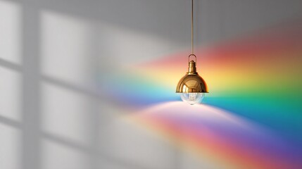 Modern pendant light casting rainbow pattern onto minimalist white background