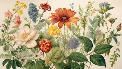 a vintage botanical illustration featuring a variety of flowers and plants painted in delicate detail