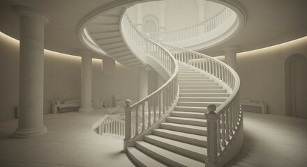 An elegant spiral staircase ascends within a light-filled, minimalist architectural interior space