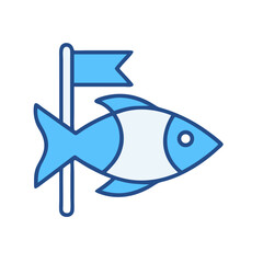 Blue cartoon fish with flag on black background