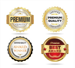 Golden luxury labels and badges gold premium quality certificate ribbons vector illustration 