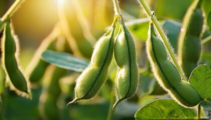 close up of fresh green soybean pods growing on a healthy plant in sunlight highlighting sustainable agriculture and healthy eating