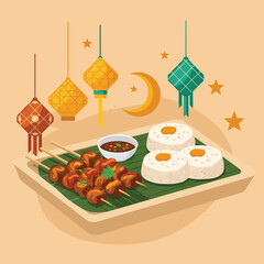 Festive Eid alFitr Meal with Skewered Meat Rice Cakes and Hanging Lanterns