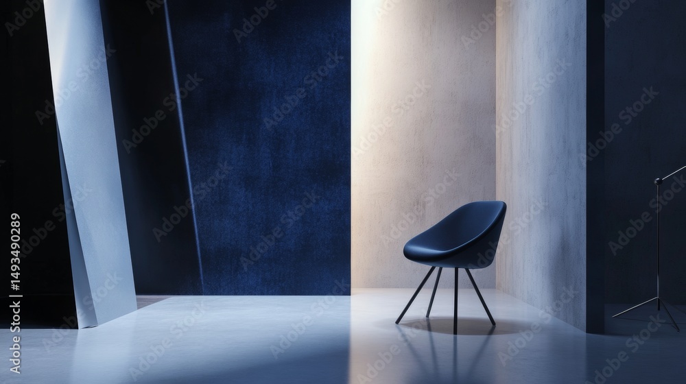 Poster modern architectural space with single black chair under spotlight casting strong angular shadow con