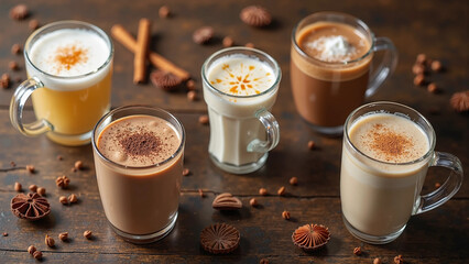 Various dairy-based drinks with spices on a rustic wooden table on World Milk Day
