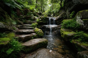 Naklejka premium Lush waterfall flows over mossy rock steps in a dense green forest creating a tranquil outdoor scene.