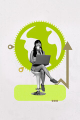 Poster image sketch vertical collage of happy businessman businesswoman hold laptop phone earth...