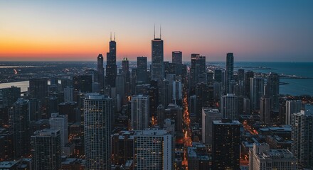 Fototapeta premium Dramatic aerial view showcases a city skyline with vivid sunset colors over an urban landscape.