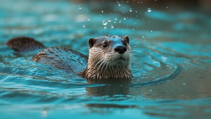 Fototapeta premium An otter swims to the Scottish loch's shore holding a fish in its mouth, Scotland, lutra lutra, wrasse
