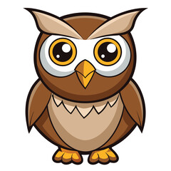 Cartoon owl with brown feathers and big yellow eyes stands upright facing forward