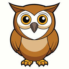 Cartoon owl with big yellow eyes stands calmly on a white background