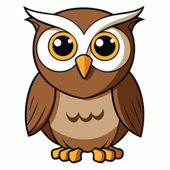 Brown owl cartoon standing innocently with big eyes looking straight ahead calmly and happily