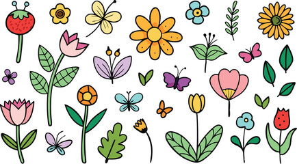 Abstract hand drawn set of doodle simple trendy flowers collection, pattern on white background