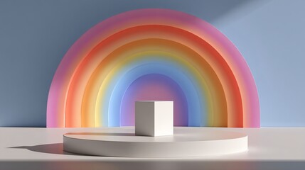 White pedestal in front of bold rainbow arch gradient, minimal scene with subtle shadows