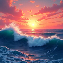 Fototapeta premium Ocean waves crashing at sunset with pink clouds