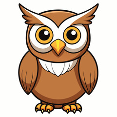 A brown cartoon owl with yellow eyes and beak stands, smiling slightly at the viewer