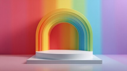 White pedestal in front of bold rainbow arch gradient, minimal scene with subtle shadows