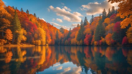Gorgeous landscape of a lake bordered by trees in fall colors