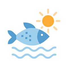 Stylized fish swimming in water under a sun