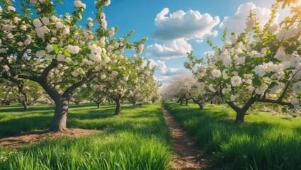 Flourishing orchard during the spring season.