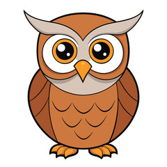 Cartoon owl with brown feathers and big orange eyes is gazing forward