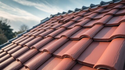 Detailed look at the new plain red clay tiles and lead flashing on a pitched rooftop