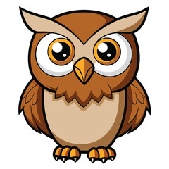 A whimsical cartoon owl stands charmingly on a bright white background, looking forward