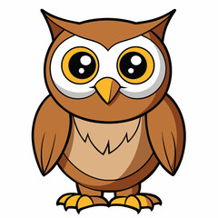 Cartoon owl with big yellow eyes standing on white background seems ready for flight