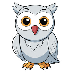 Adorable owl with orange eyes and claws stands against a white background