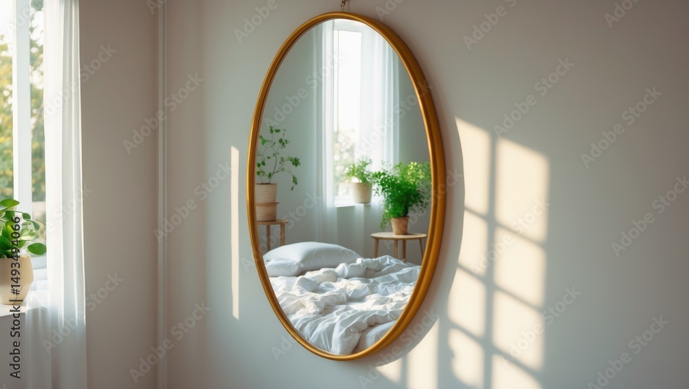 Aufkleber portrait view of an oval mirror displayed on a wall in a bedroom. reflection shows a bed with beddin
