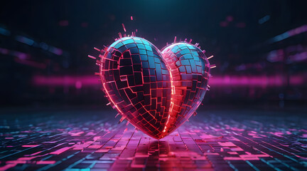 Futuristic heart sculpture illuminated with vibrant neon lights in a digital cyberspace setting concept
