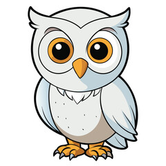 Cartoon snow owl stands upright with huge eyes and a curious yet adorable expression