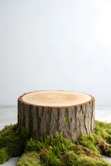 Tree stump podium surrounded by green moss on white background, ideal for eco branding, organic product display, or forest-themed design. Rustic natural surface texture in vertical layout. High-resolu