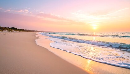 Obraz premium Serene Sunset Beach Pastel Sky, Gentle Waves, and Tranquil Sands
